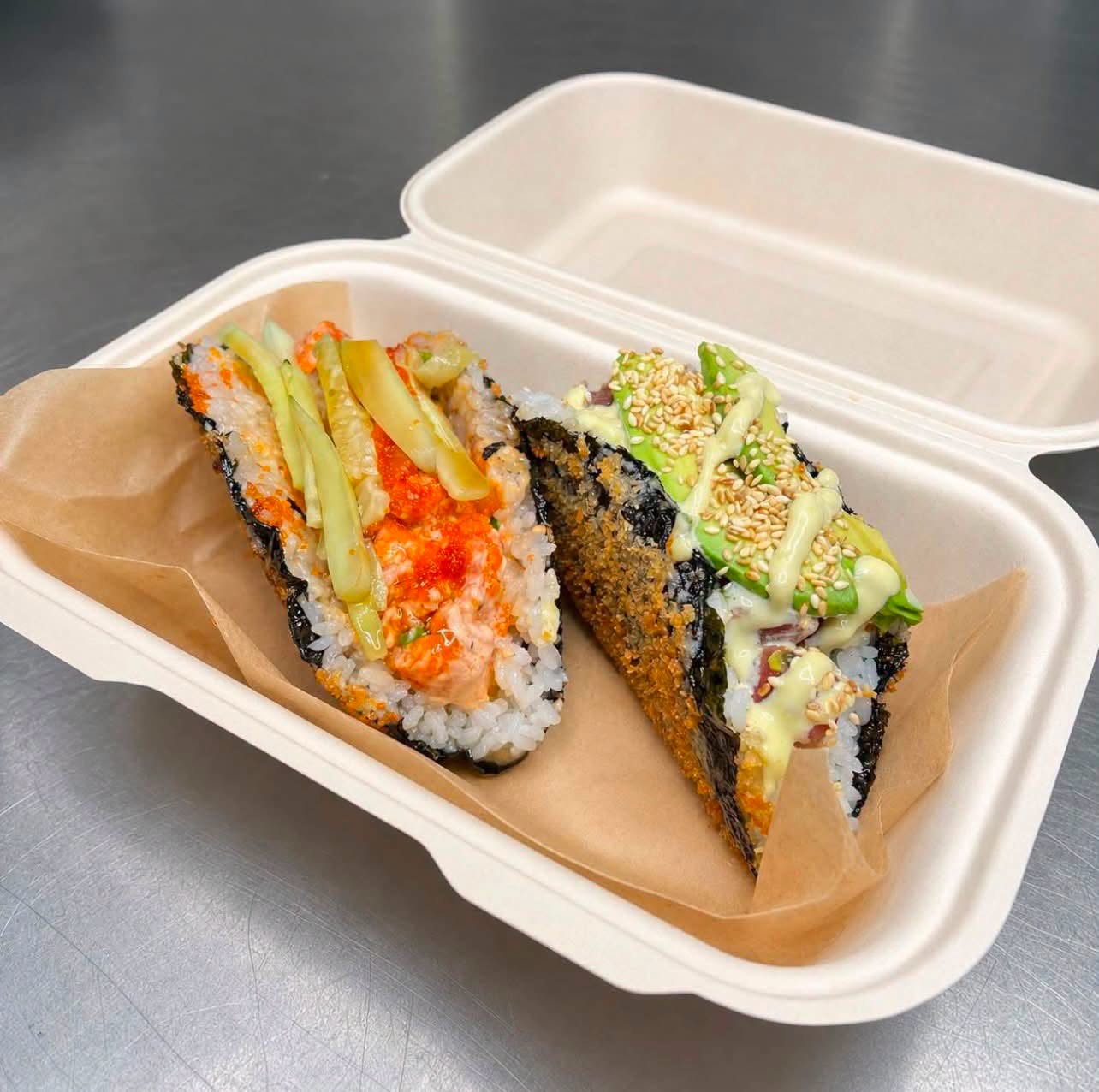 Sushi hand rolls with salmon and tuna
